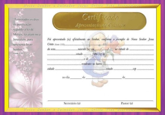Certificado de apresentação criança menina com pçs CANAA LOJA EVANGÉLICA