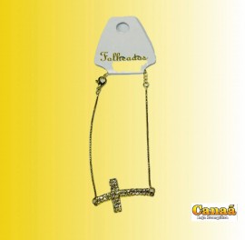  Pulseira folheada cruz na horizontal com pedrinhas 