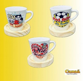 Kit caneca porcelana pai de 120 ml com pires madeira ( pinos redondo )