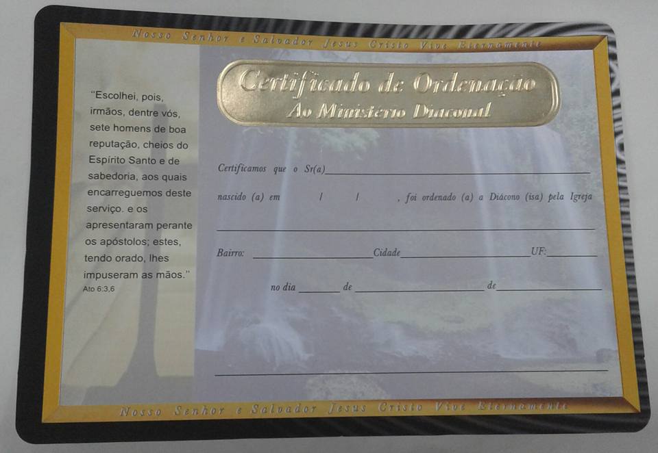 Certificado de ordenação ao ministério Diaconal,cada 